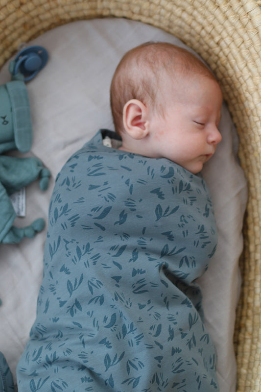 Baby sleeping in moses basket wrapped in Burrow and Be Marks Stretchy Swaddle