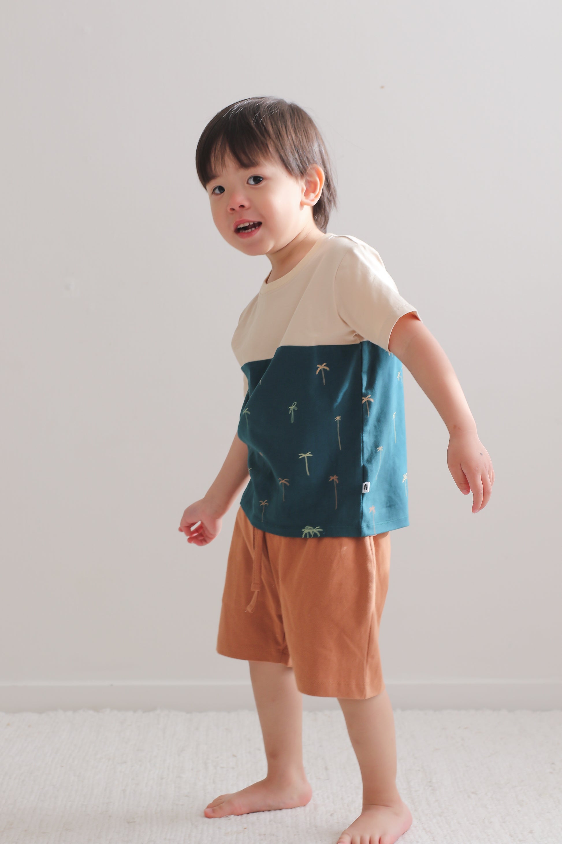 Boy standing on carpet in front of a white wall while wearing Palm Block T-Shirt with Leo Shorts in Tan, both designed by Burrow and Be